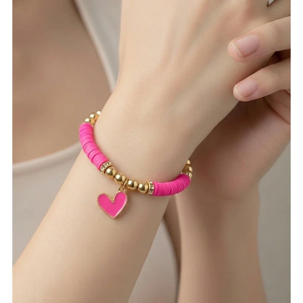New Women’s & Girls Flat Beads Pink Bracelet With Metal Gold Color Beads White - Picture 1 of 7